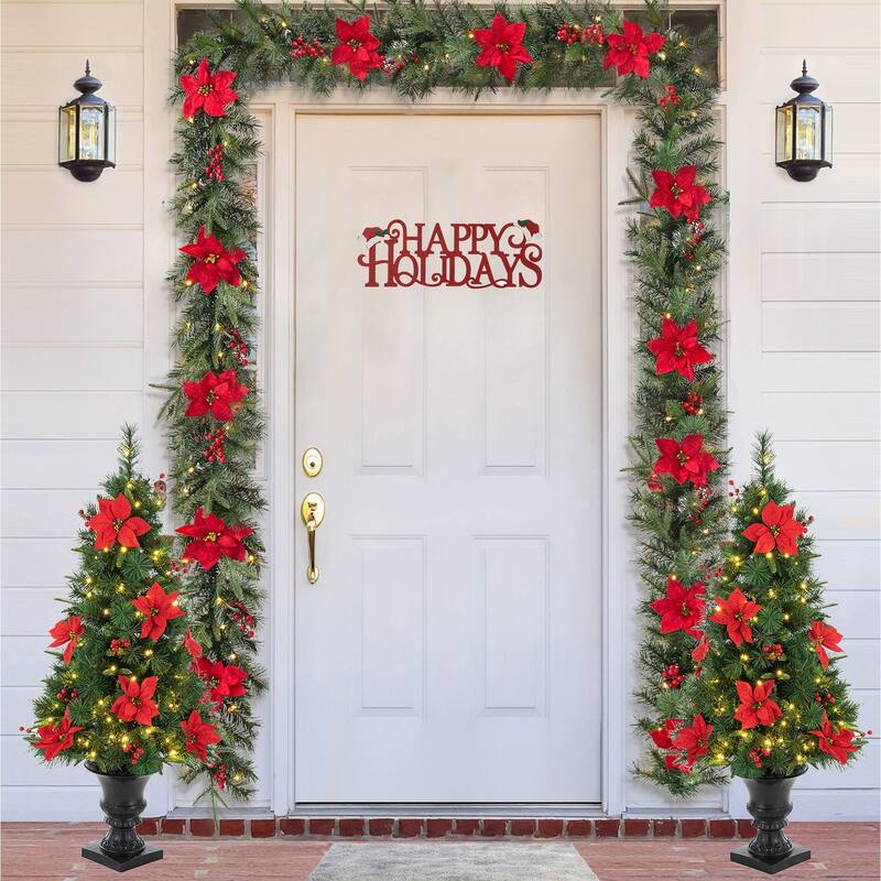 Glitzhome 4ft/5ft Pre-Lit Pine Artificial Christmas Potted Porch Trees with Warm White Lights and Poinsettia - 4PK-4ft Tree & Garlands