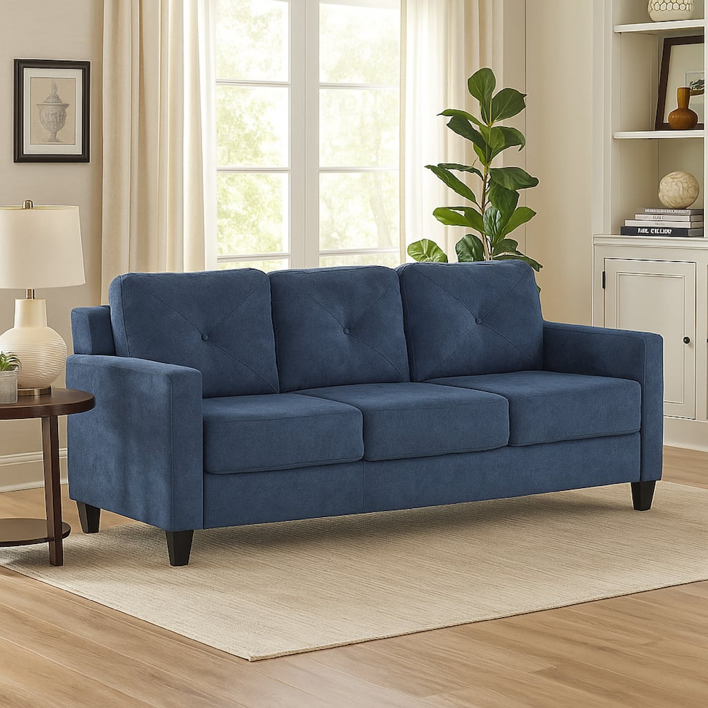 Royi Sofa, Track Armrest, 78 Inch, Blue Fabric Seat w Tufted Backrest