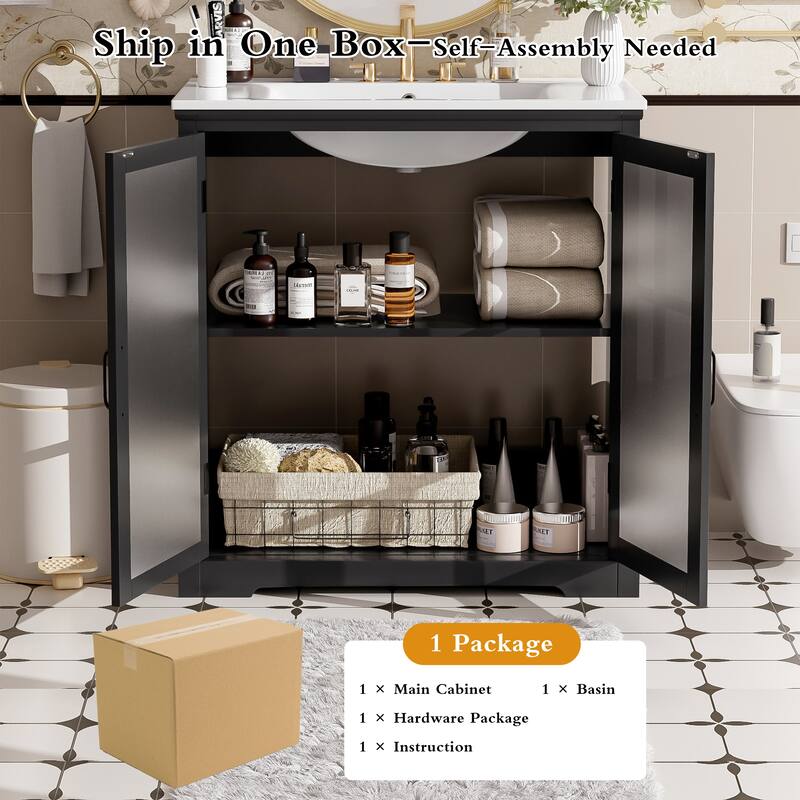 30" Modern Bathroom Vanity with Ceramic Sink, Tempered Glass Doors, Matte Black Handles & Rubber Wood Frame