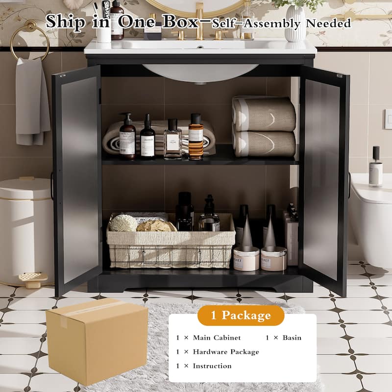 Bathroom Vanity with Ceramic Sink, Bathroom Vanity Cabinet with Tempered Blurred Glass and Matte Black Handles