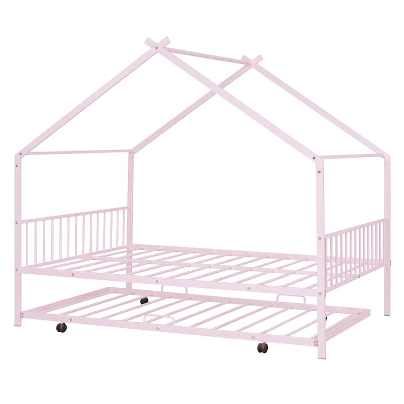 Full Size Metal House Bed with Twin Size Trundle