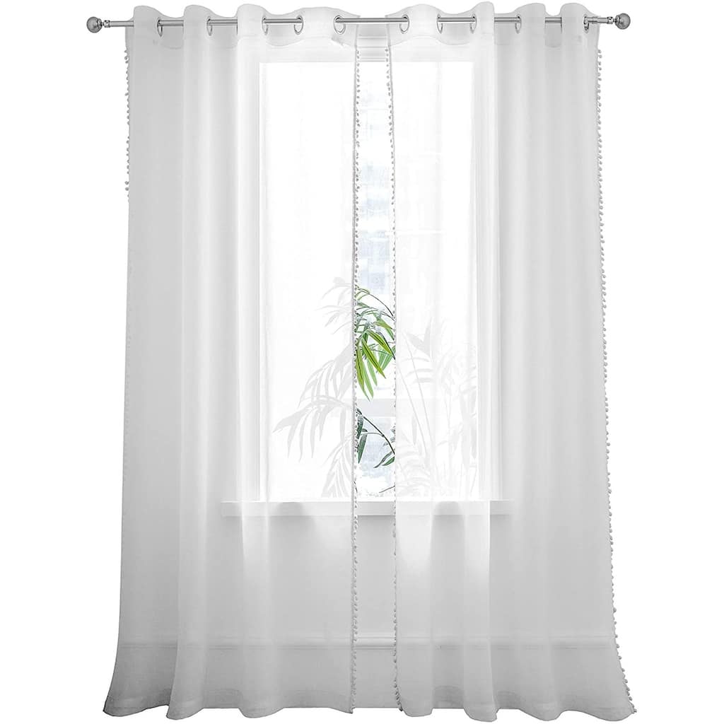 DriftAway Laura Pom Pom Trimmed Solid Sheer Window Curtains