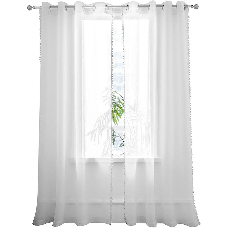 DriftAway Laura Pom Pom Trimmed Solid Sheer Window Curtains