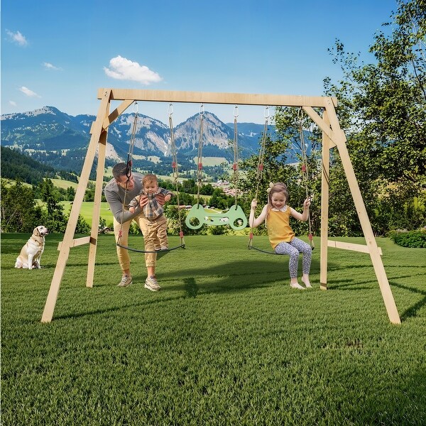 EROMMY All-Weather Cedar Wooden Swing Set - 2 Belt Swings
