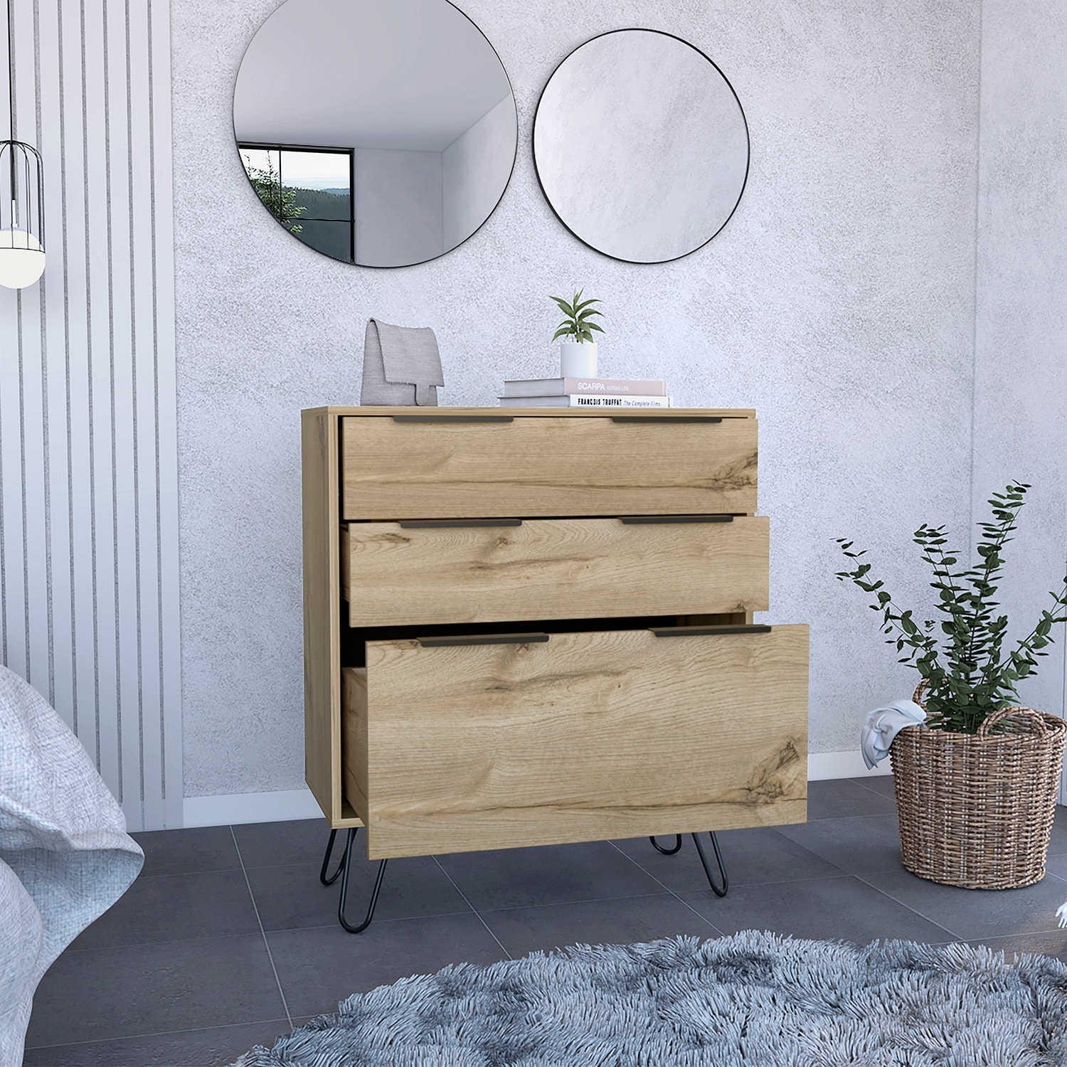 Wooden Dresser with Hairpin Legs Superior Top and Three Drawers