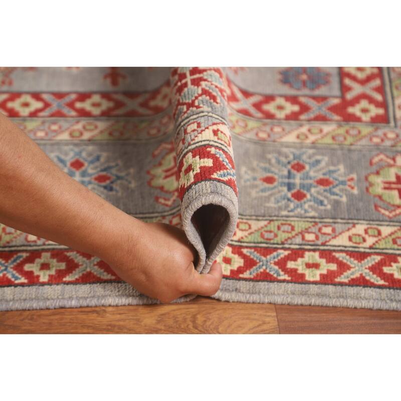Geometric Kazak Oriental Area Rug Handmade Grey Wool Carpet - 8'2" x 10'0"
