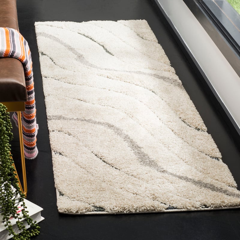 SAFAVIEH Florida Shag Hervor Soft Serene Waves 1.2-inch Thick Rug - 2'3" x 7' Runner - Cream/Light Blue - Runner