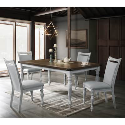 Roundhill Furniture Salines 5 Piece Dining Table Set with 4 Upholstered Chairs, Rustic White and Oak