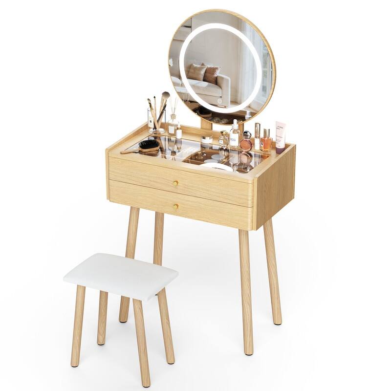 Small Vanity Desk with 3 Modes Lighted Mirror & Stool, Compact Vanity with 6-Grid Organizer