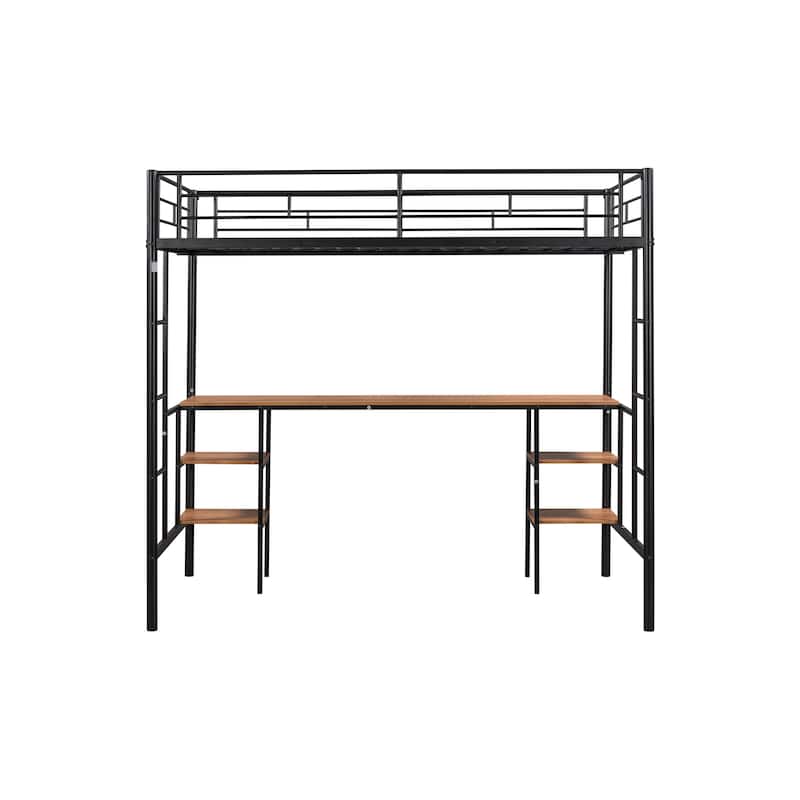 Black Steel Loft Bed with Table, Space-Saving