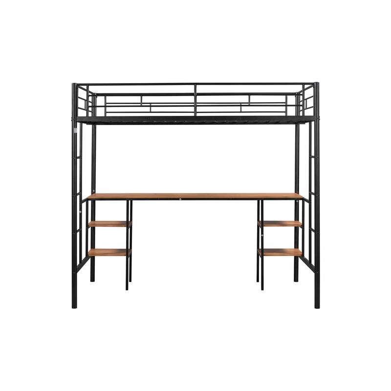 Twin Loft Bed with Built-in Table, Shelves, and Noise-Reducing Features, Heavy-duty Metal Frame, Safety Guardrail, Dual Ladders