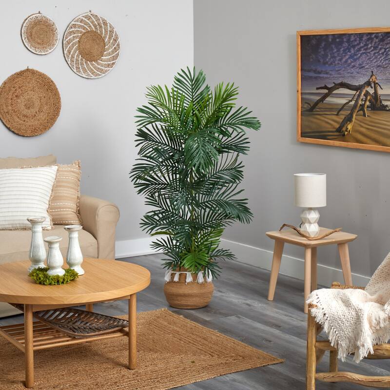 Artificial Palm Tree 5ft Indoor Outdoor - Rustic Boho Tree with Planter - Variegated Fronds - Home Decor - Green