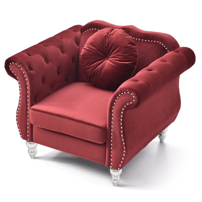 Solid Velvet Accent Chair with Tufted Round Pillow - 39" - Red