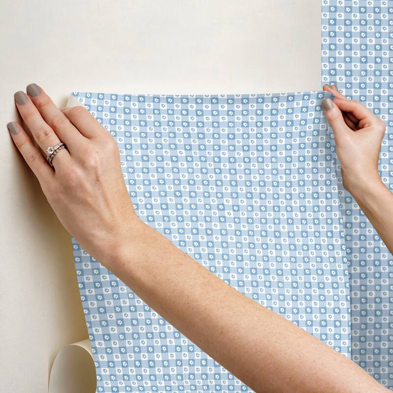 Rifle Paper Co. Daisy Gingham Blue Floral Check Premium Peel + Stick Wallpaper