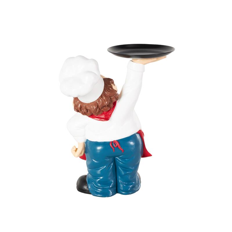 White Polystone Kitchen Decorative Figurine Chef Decorative Sculpture with Black Tray