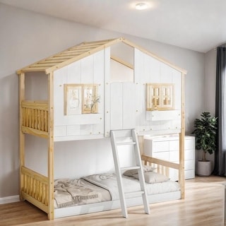Artsy Twin over Twin Wood House Roof Bunk Bed with Roof, Window Box, Door, Safety Guardrails and Ladder, Natural+White