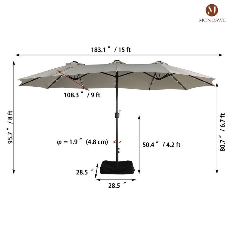 15ft Rectangular Patio Umbrella with Base and LED Lights