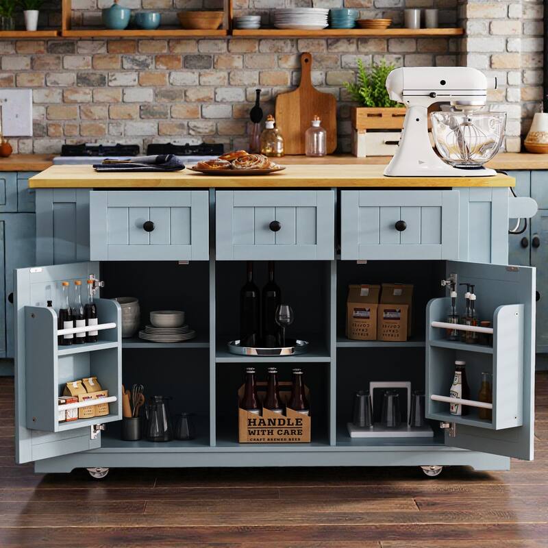53" Large Kitchen Island with Drop Leaf, Power Outlet, Rolling Cart with Internal Door Racks, Wheels