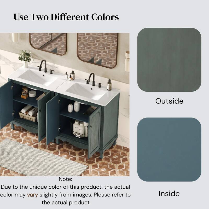 60" Double Sink Bathroom Vanity Set with Ceramic Sinks, Vintage Wood Storage Cabinet with Antique Knobs & Adjustable Shelves