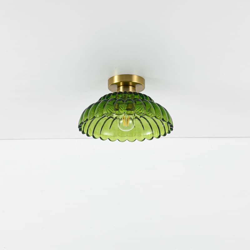 1-Light Vintage Brass Finish Metal Semi-Flush Mount Ceiling Light with Amber/Green/Grey/Clear Glass Shade for Kitchen