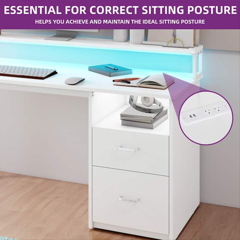 Moasis Home Office LED Light Computer Desk with Cabinet and Power Outlets
