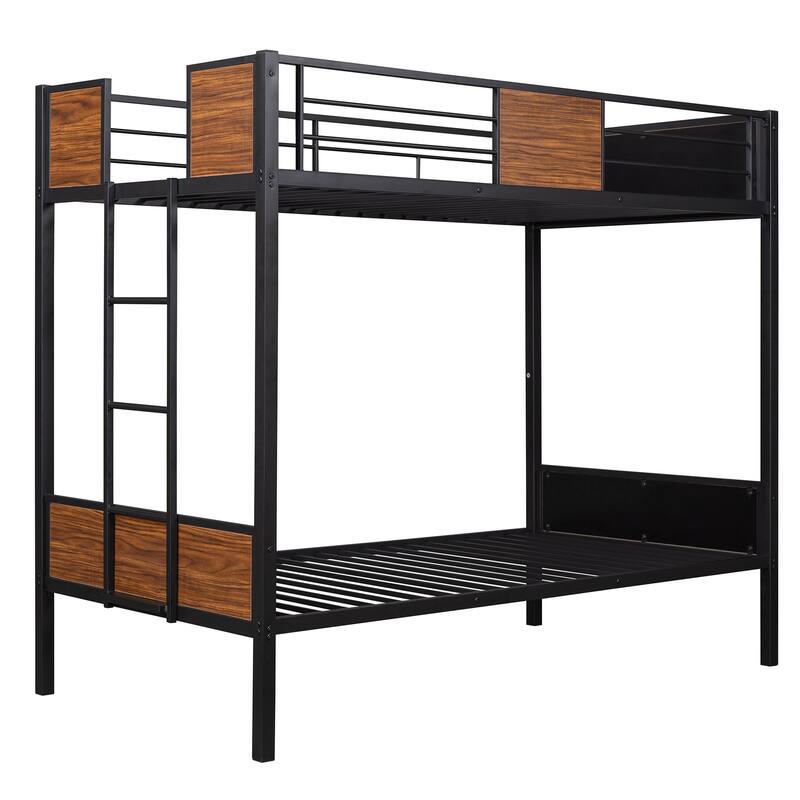 Twin/Full Size Bunk Bed with Steel Frame, Safety Rail, and Built-In Ladder, Space-Saving Design for Kids and Adults