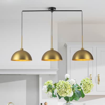 3-Light Modern Linear Chandelier Brass Cluster Dome Kitchen Island Light - W53.2"