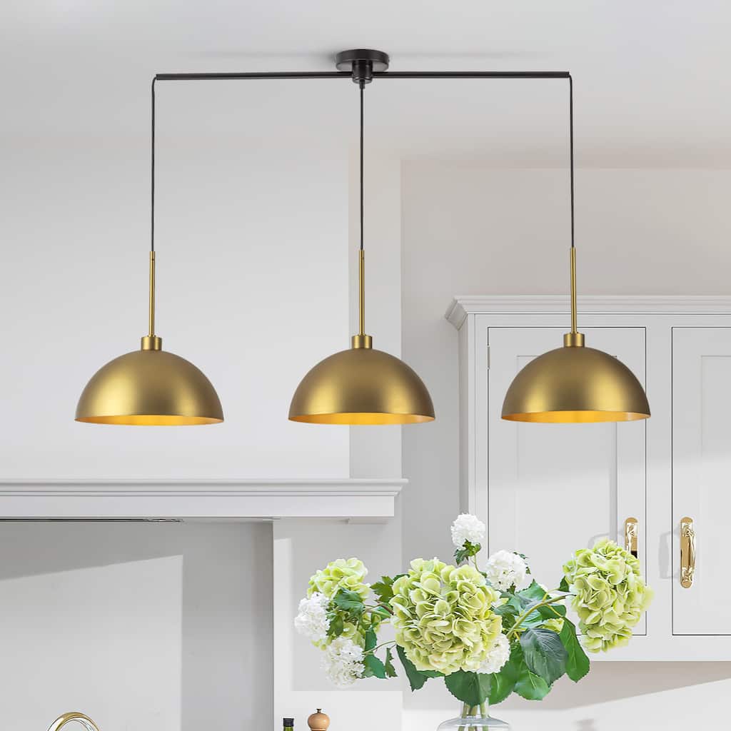 3-Light Modern Linear Chandelier Brass Cluster Dome Kitchen Island Light - W53.2"