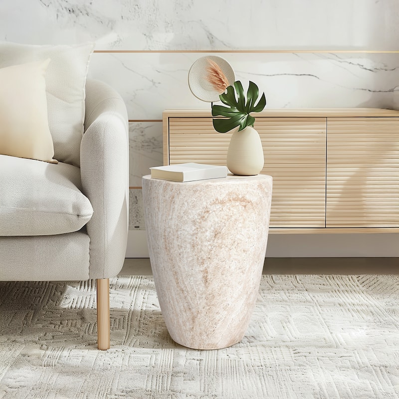 Tapered Travertine Stone Finish Italian Design MgO Side Accent Table - 14.5"x14.5"x18.3"