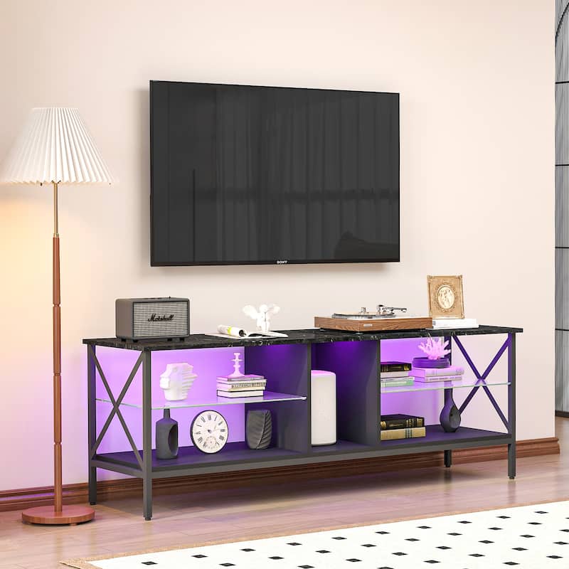 Modern TV stand,Iron TV cabinet Black/White with LED Lights, Remote Control,Toughened Glass Stand