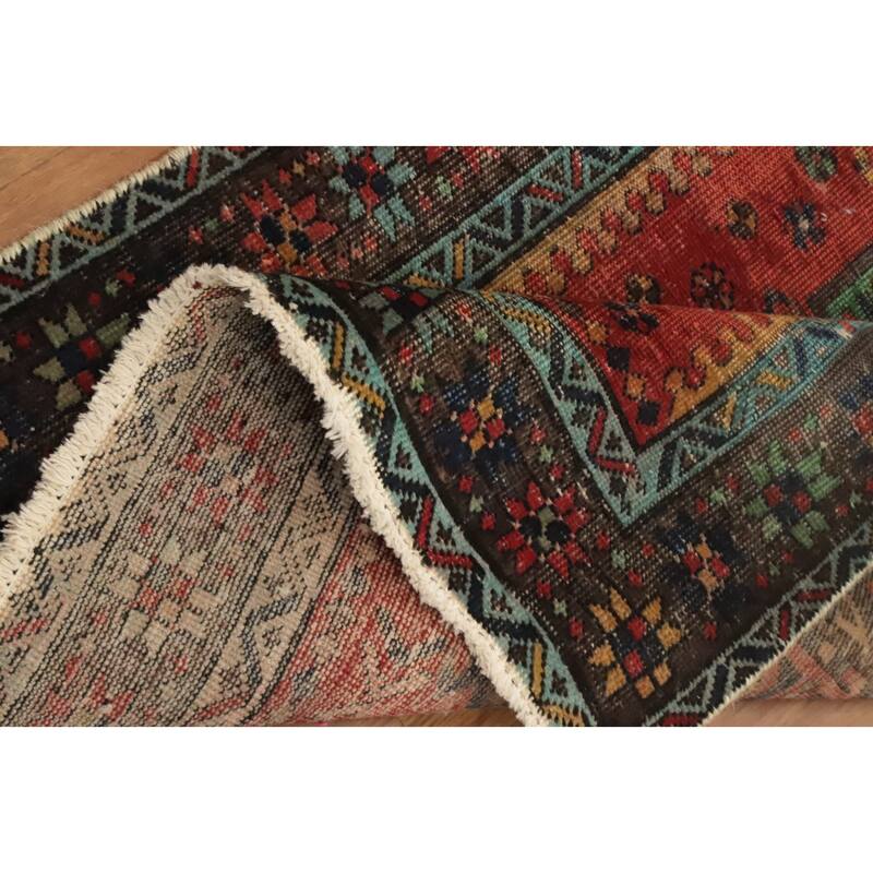 Hand Knotted Oriental 100% Wool Carpet Traditional Geometric Oranges & Rust Heriz Runner Rug - 10' 1'' X 3' 5''