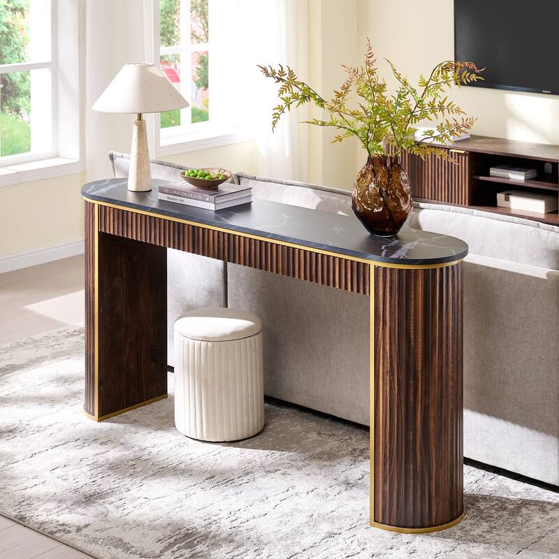 Modern 63" Fluted Console Table, Faux Marble Texture Top, Entry Table
