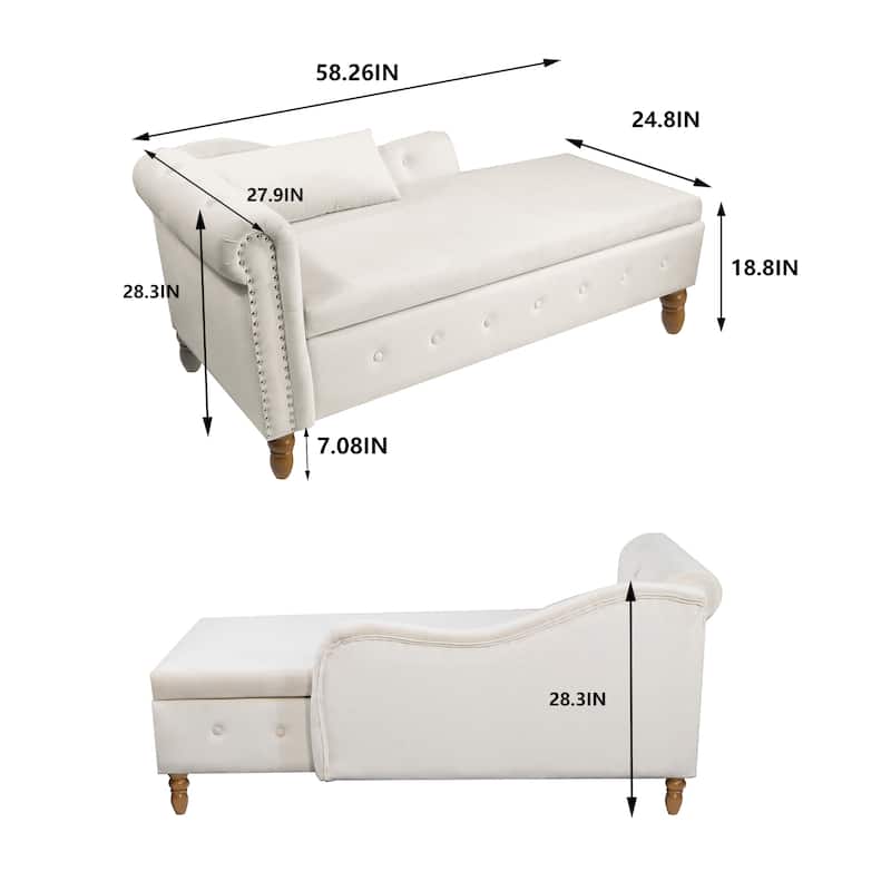 Kimberly Velvet Chaise Lounge with Storage and Pillow by GDFStudio - 58.26"L x27.9"W x 28.3"H