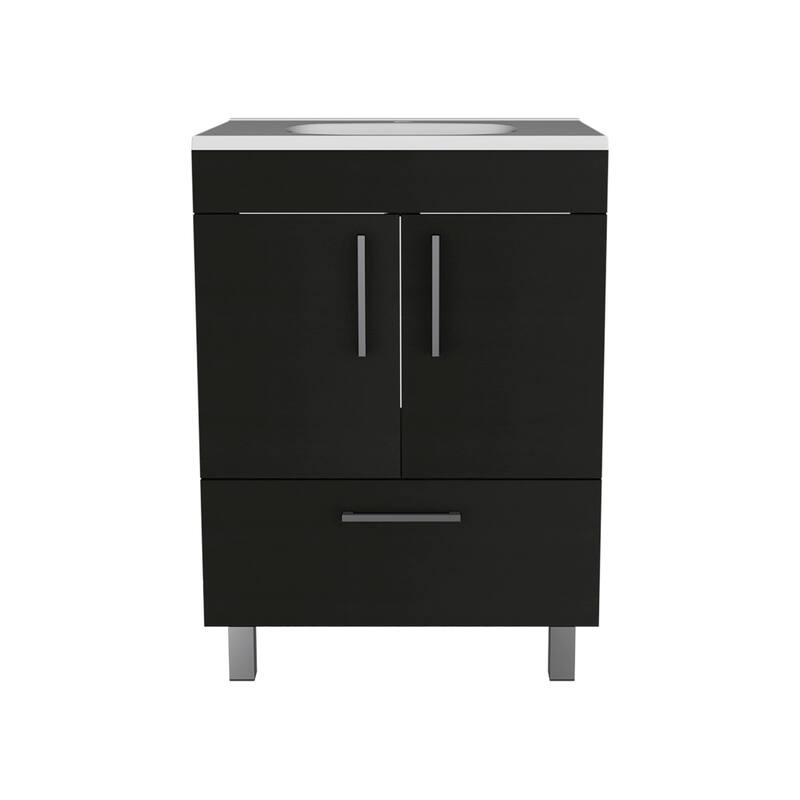 HomeRoots 24" Black Wood Freestanding Bathroom Vanity With White Sink - 23.62 in. x 33.46 in. x 17.71 in.