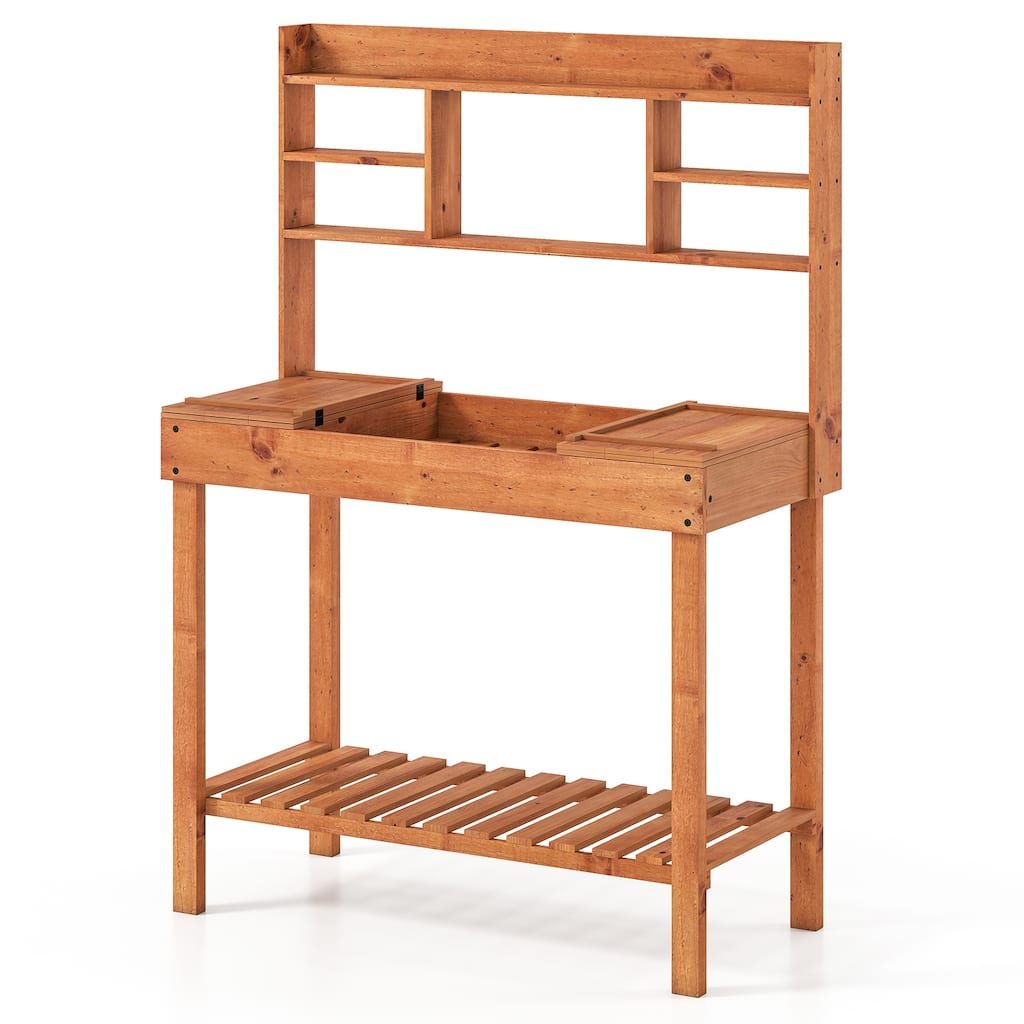 Fir Wood Outdoor Potting Bench Table with Flip Top Hidden Storage and Shelves Brown and Natural Garden Workstation