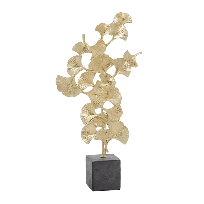 Polystone Floral Decorative Sculpture with Black Block Base - Silver or Gold - Roche River Decor - Gold - 10"W, 20"H