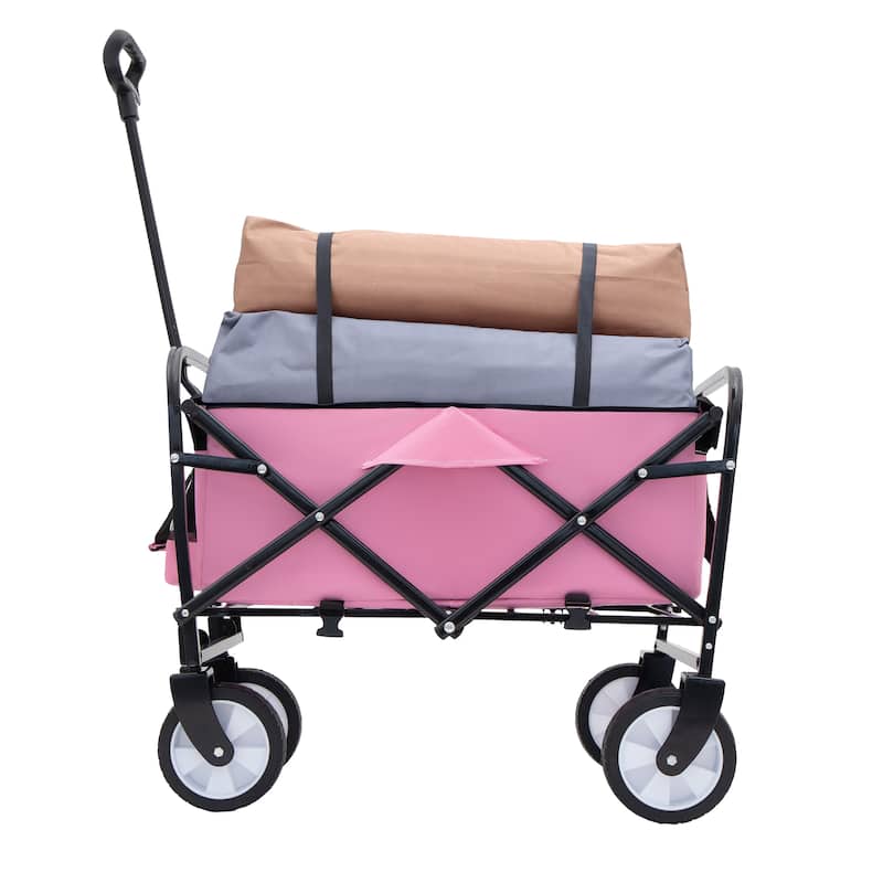 Collapsible Foldable Wagon Cart with strapping system Beach Wagon, Utility Cart for Camping Supports 225lbs - Pink