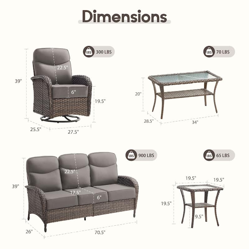 Meyreso 5-Piece Wicker Patio Conversation Set with Swivel Gliders and 6-Inch Thick Olefin Cushions