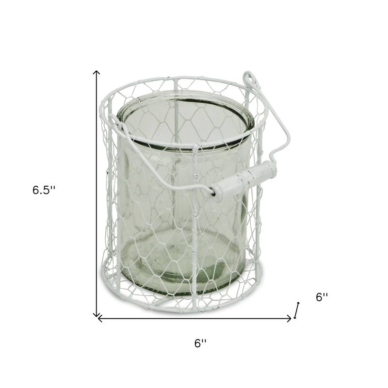 HomeRoots 6" White and Clear Wire Basket and Glass Jar - 6' X '6.5' X '6