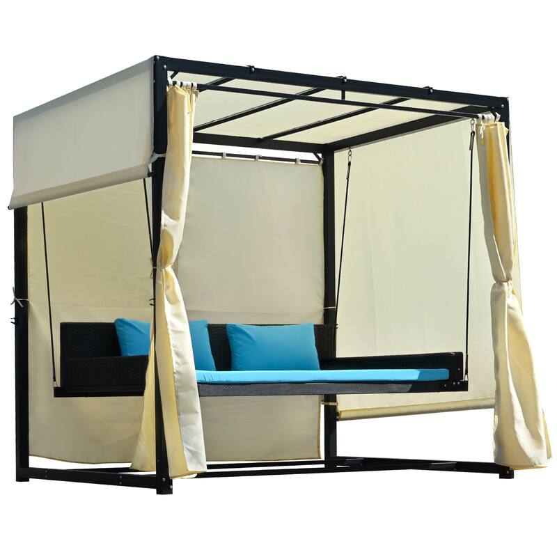Outdoor Patio Swing Bed 23 People Daybed Adjustable Curtains Sunbed