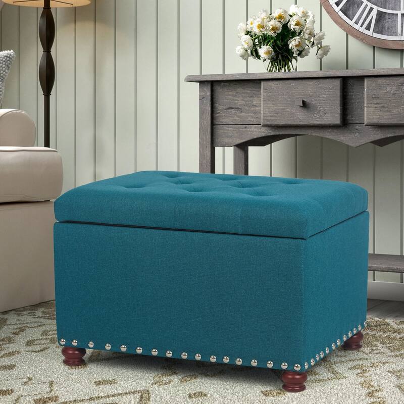 Adeco Storage Ottoman Tufted Linen Wood Bench with Nails