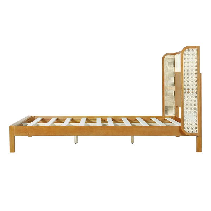Queen Size Rubber Wood Platform Bed Frame with Headboard, Mid Century Modern Design