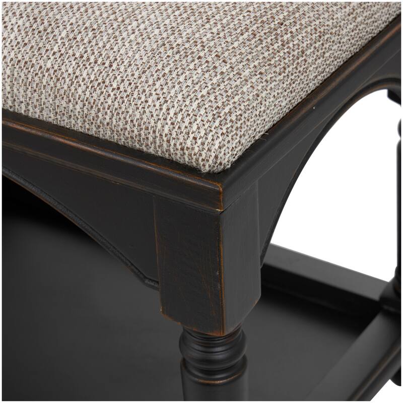 Fabric Arched Storage Bench with Traditional Turned Legs and Beige Cushion - Black - Roche River Decor - 16"Wx59"Lx19"H