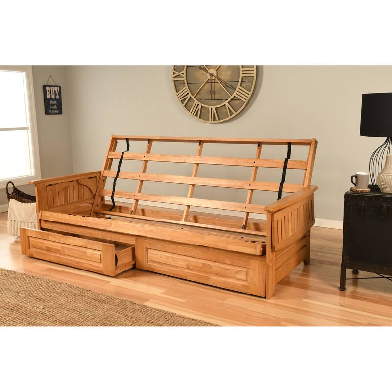 Somette Phoenix Queen-size Storage Futon Set in Butternut Finish with Linen Mattress