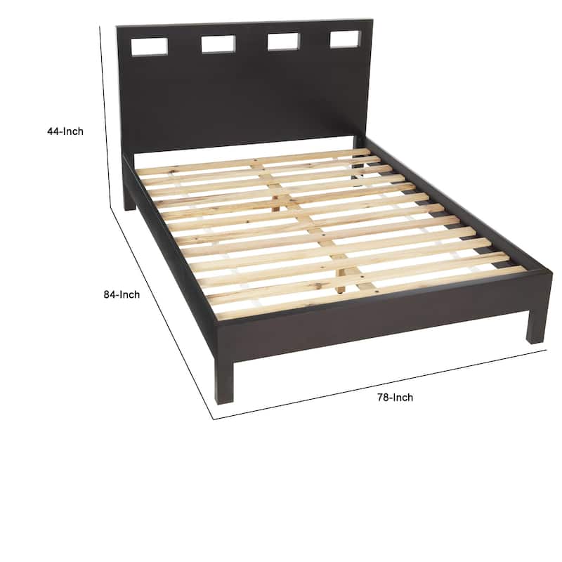 Yee King Size Platform Bed, Cut Out Panel Headboard, Espresso Brown Wood