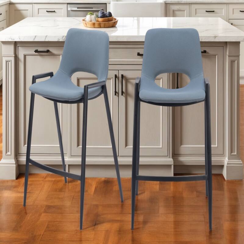 Set of 2 Faux Leather Low Back Chairs with Steel Frame and Footrest - Blue-Black-26-Inch
