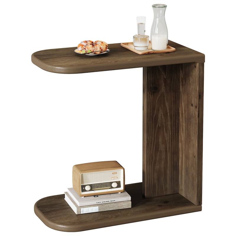 Solid Wood C-Shaped End Table, Sofa Couch Side Snack Accent Table, Living Room Bedroom Couch Table