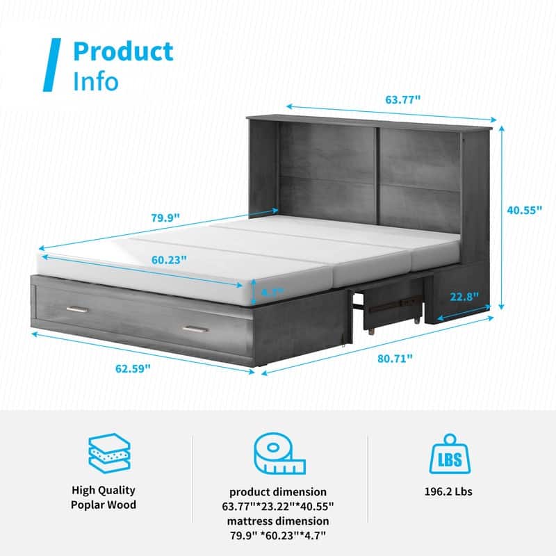 Mixoy Queen Murphy Bed Cabinet Bed Chest with Mattress,Drawers,USB Charging Station