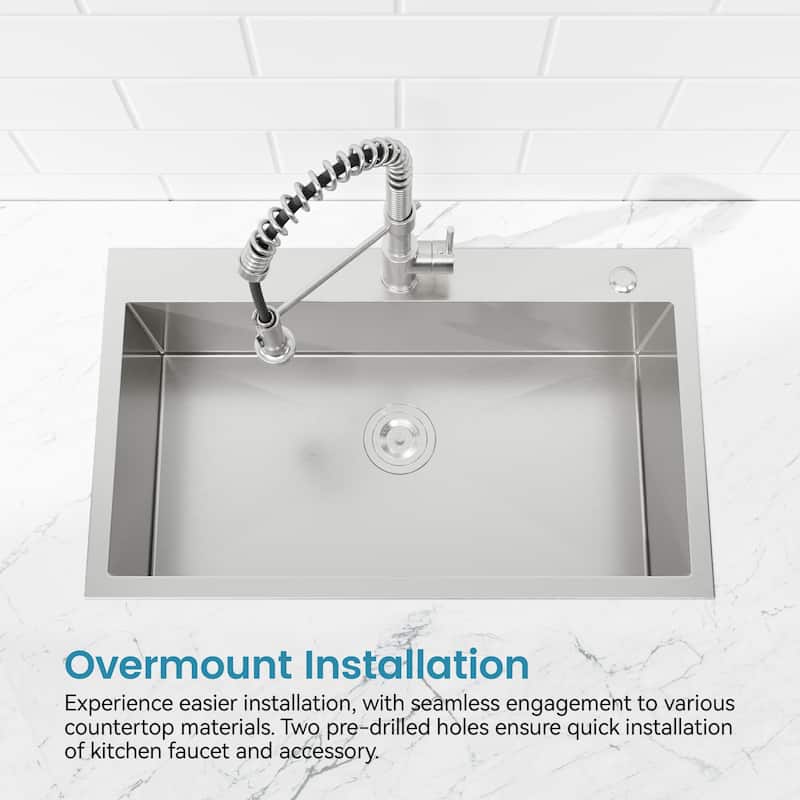 Stainless Steel Kitchen Sink, 32″x19″ Single Bowl, Overmount Handmade Sink in Brushed Nickel, with US Standard Drain and Hook