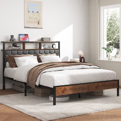 Queen Bed Frame Headboard, wooden platform bed frame, bedside with soft packaging and 2 USBs, no noise